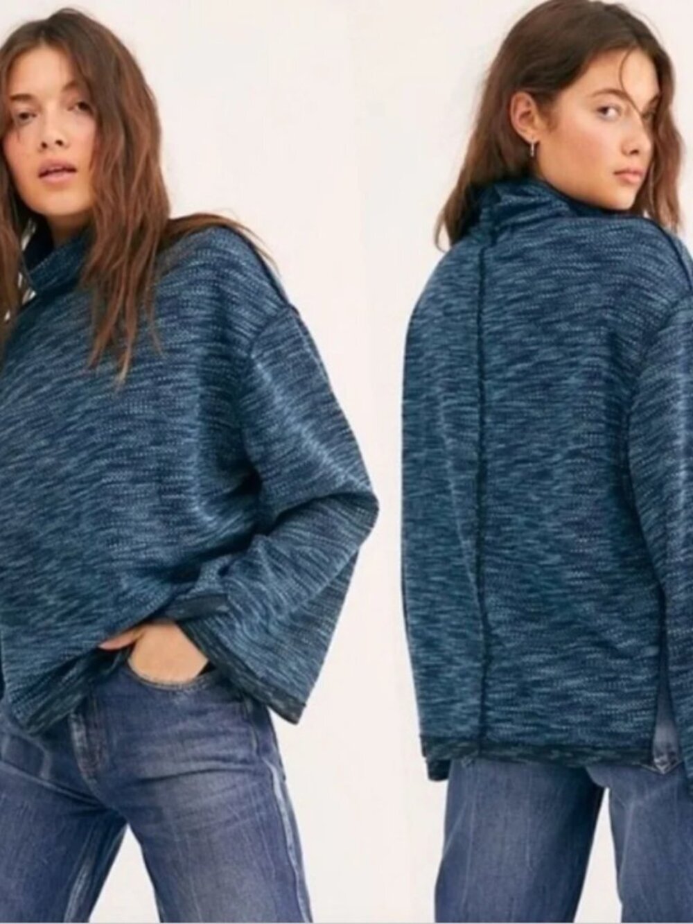 WE THE FREE Free People Boho Turtleneck Sweater Womens Medium Teal Knit
